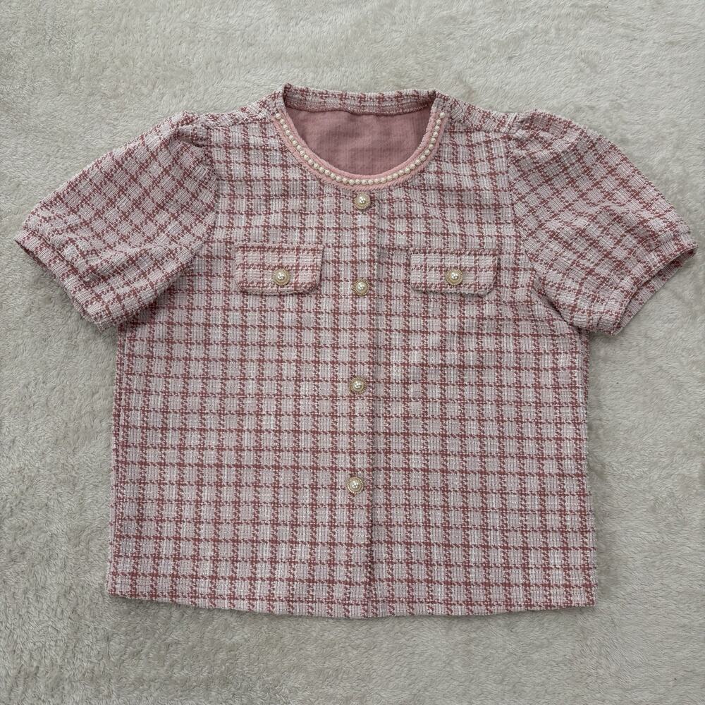 DAZY Womens L Pink Tweed Pearl Button Puff Sleeve Top Coquette Preppy